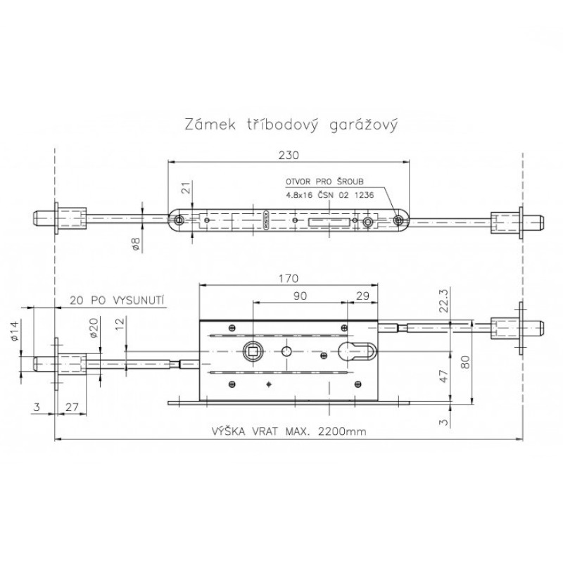 Tříbodový garážový zámek ROSTEX - rozměry