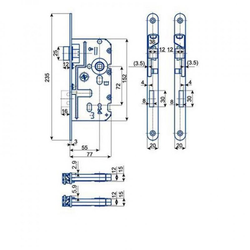 Zadlabací zámek K220 - rozměry