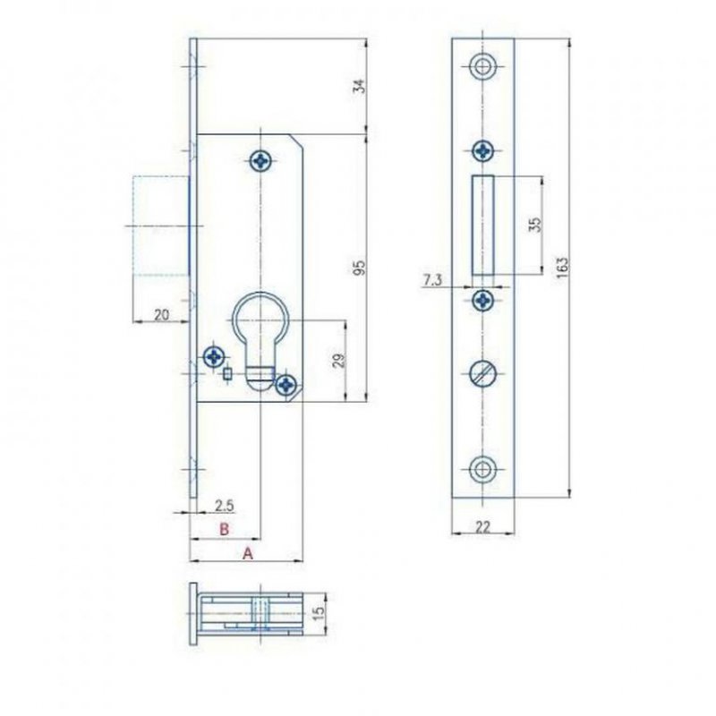 Závorový zadlabací zámek K462 - rozměry