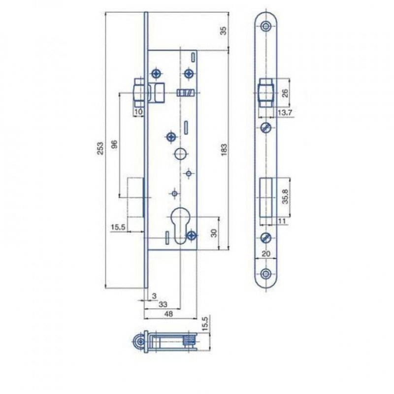 Válečkový zadlabací zámek BZD 114 - rozměry