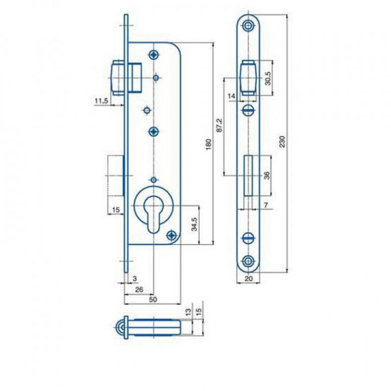 Závorový válečkový zadlabací zámek G222 - rozměry