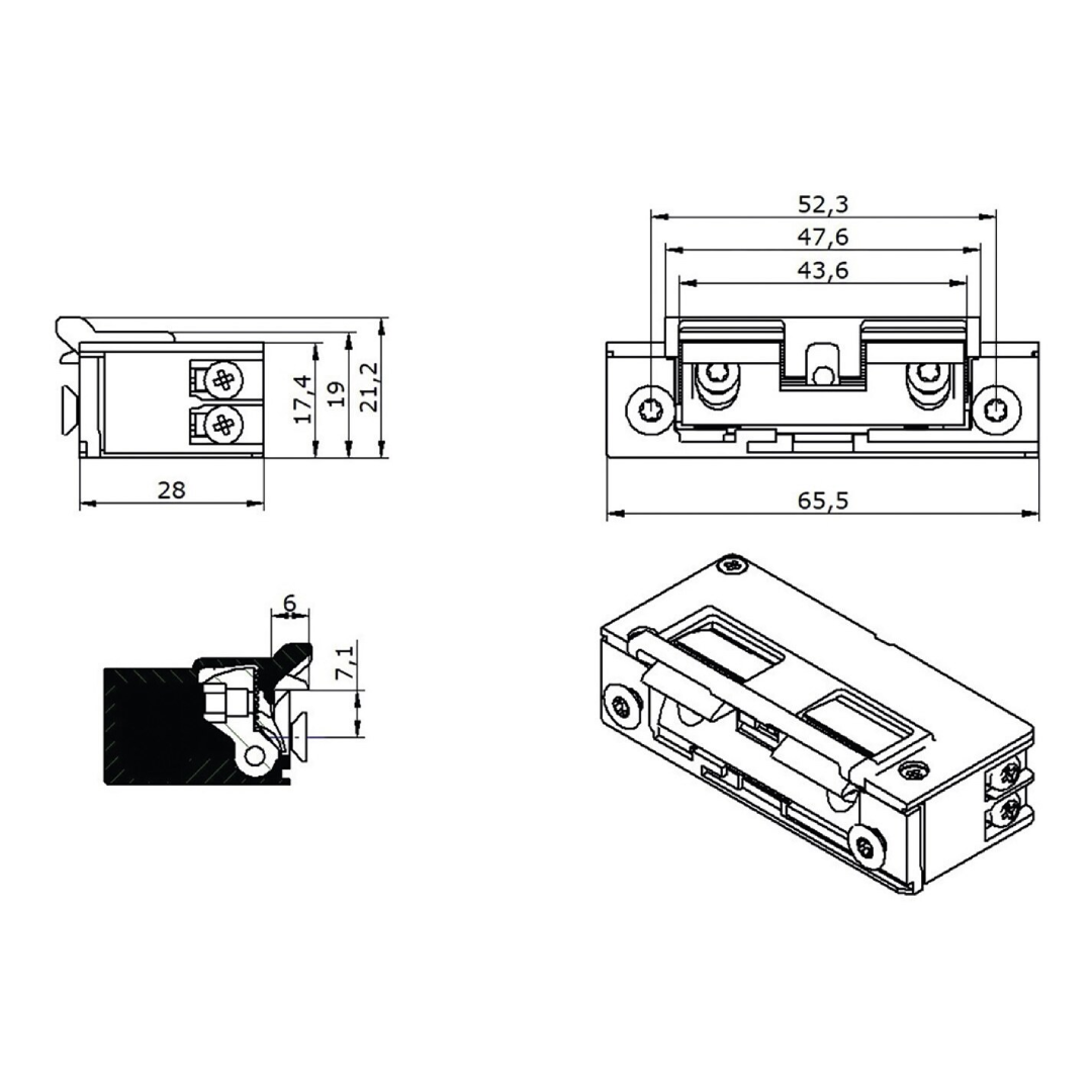Standartní elektrický otvírač O&C 50E21 16 mm s náběhovou hranou 12 V DC - Rozměry