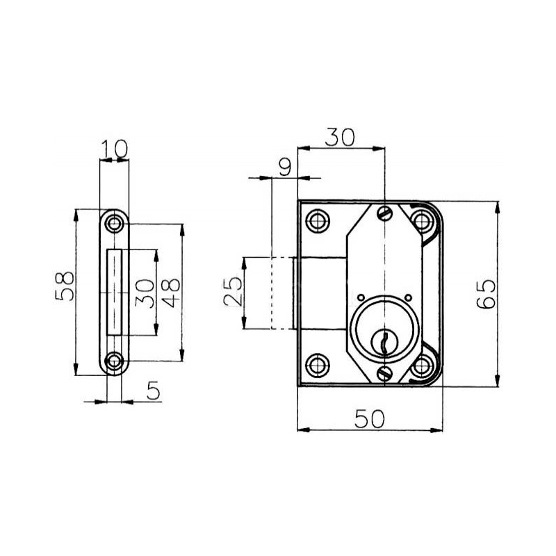 Nábytkový zámek 30K pravý (Metalplast)- Nákres