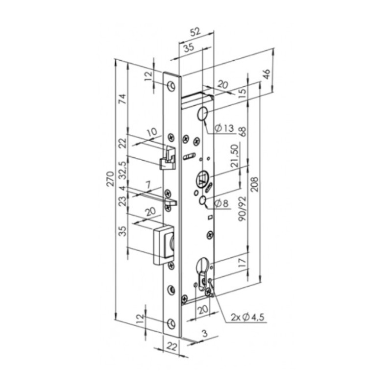Elektromechanický samozamykací zámek BERA SZPD/SZLD - rozměry