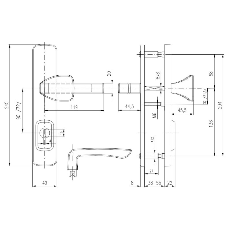 Bezpečnostní kování Astra s překrytem - rozměry