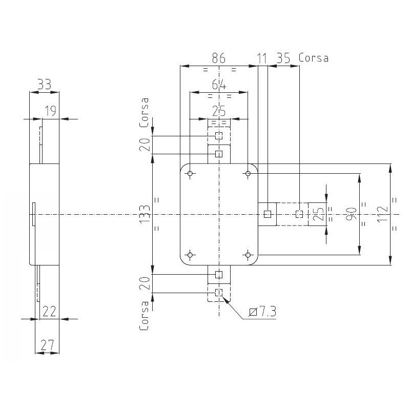 Derivační prvek pro rozvorové zámky ATRA - rozměry
