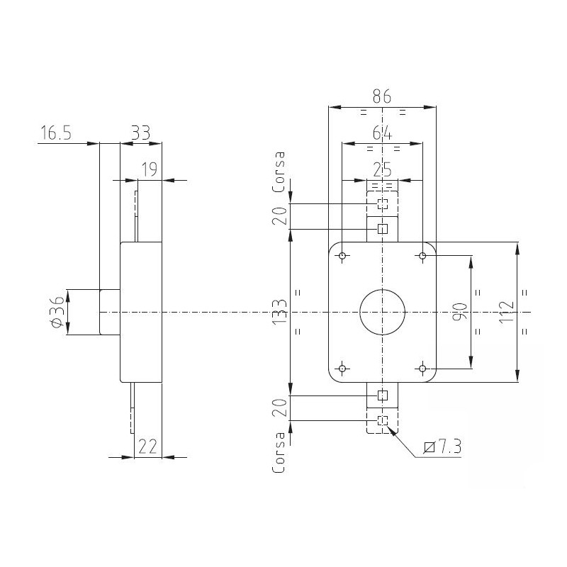 2bodový rozvorový zámek s otočným knoflíkem - rozměry