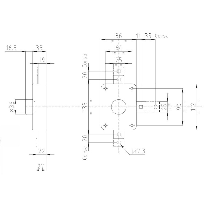 4bodový rozvorový zámek - derivační prvek s otočným knoflíkem - rozměry