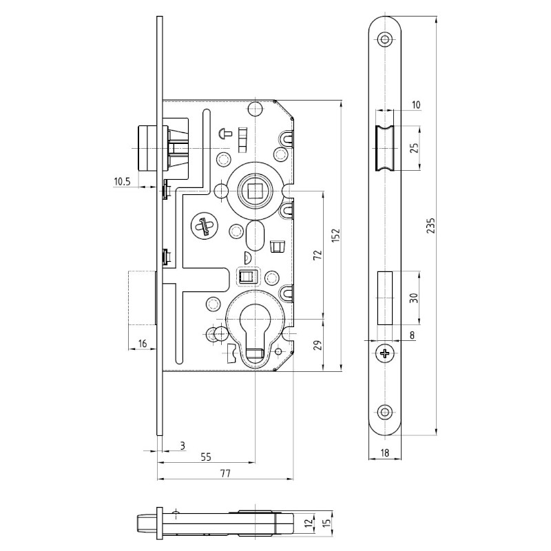 Zadlabací zámek K341 - rozměry