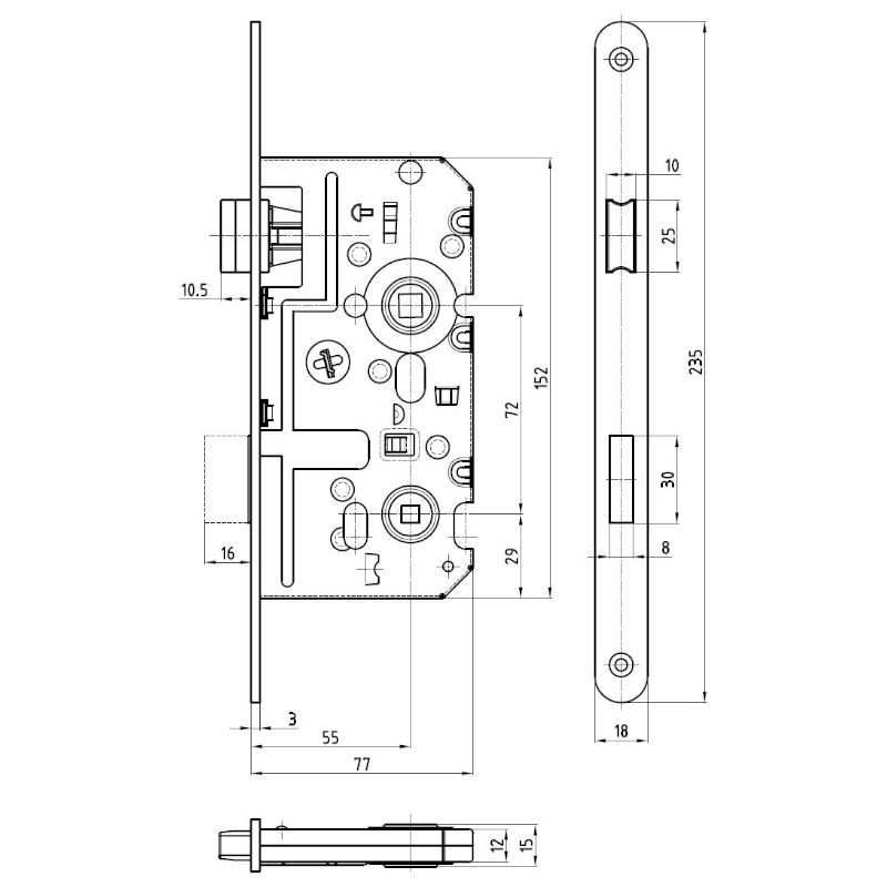 Zadlabací zámek K342 - rozměry