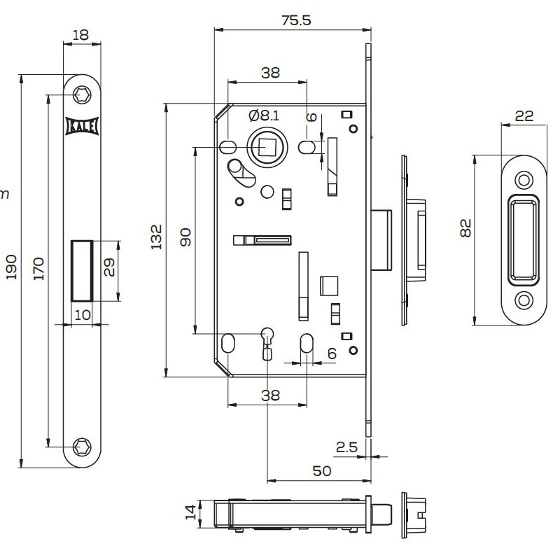 Zámek KALE 231 s magnetickou závorou - rozměry