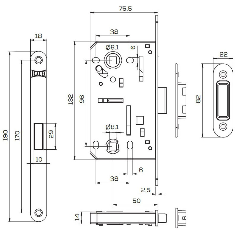 Zámek KALE 239 s magnetickou závorou - rozměry