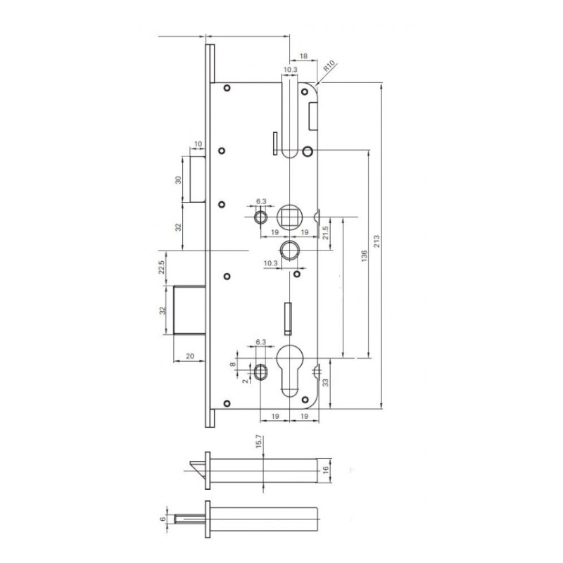 Vícebodový zámek ROTO C600 2A - rozměry zámku