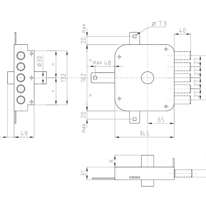 5bodový vrchní rozvorový zámek s otočným knoflíkem - rozměry
